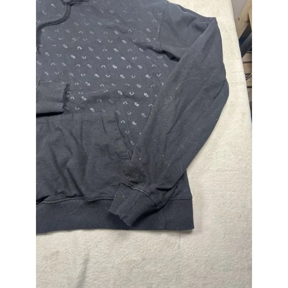 True Religion Men’s Medium Black Monogram Pullover Hoodie Horseshoe Logo